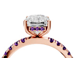 Rose gold Radiant Cut Diamond Pave Band Solitaire Ring with Round with Amethyst side stone and Prong Setting_4
