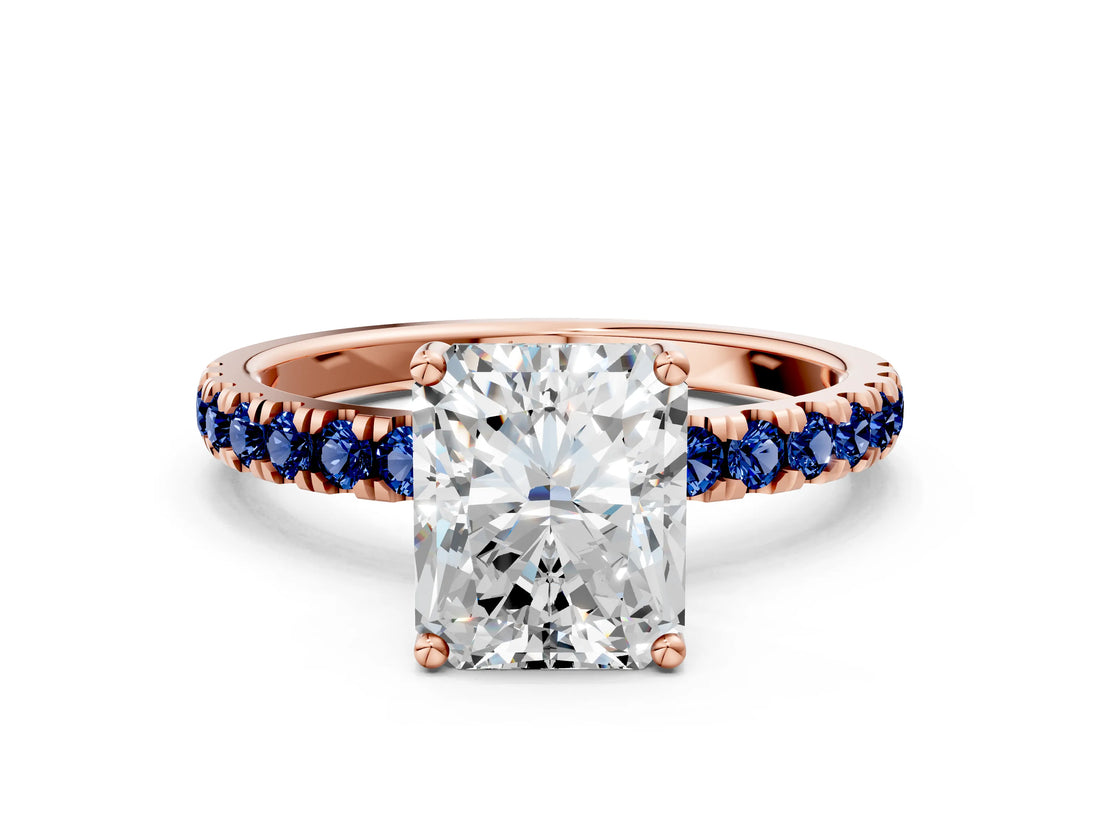 Rose gold Radiant Cut Diamond Pave Band Solitaire Ring with Round with Blue Sapphire side stone and Prong Setting_12