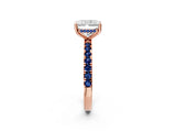 Rose gold Radiant Cut Diamond Pave Band Solitaire Ring with Round with Blue Sapphire side stone and Prong Setting_14
