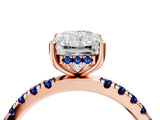 Rose gold Radiant Cut Diamond Pave Band Solitaire Ring with Round with Blue Sapphire side stone and Prong Setting_16