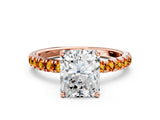 Rose gold Radiant Cut Diamond Pave Band Solitaire Ring with Round with Citrine side stone and Prong Setting