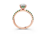 Rose gold Radiant Cut Diamond Pave Band Solitaire Ring with Round with Emerald side stone and Prong Setting_3