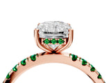 Rose gold Radiant Cut Diamond Pave Band Solitaire Ring with Round with Emerald side stone and Prong Setting_4