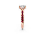 Rose gold Radiant Cut Diamond Pave Band Solitaire Ring with Round with Garnet side stone and Prong Setting_14