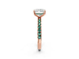 Rose gold Radiant Cut Diamond Pave Band Solitaire Ring with Round with Green Sapphire side stone and Prong Setting_26