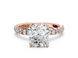 Rose gold Radiant Cut Diamond Pave Band Solitaire Ring with Round with Moissanite side stone and Prong Setting_46