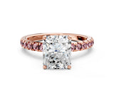 Rose gold Radiant Cut Diamond Pave Band Solitaire Ring with Round with Morganite side stone and Prong Setting_12