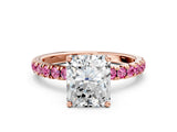 Rose gold Radiant Cut Diamond Pave Band Solitaire Ring with Round with Pink Sapphire side stone and Prong Setting_12