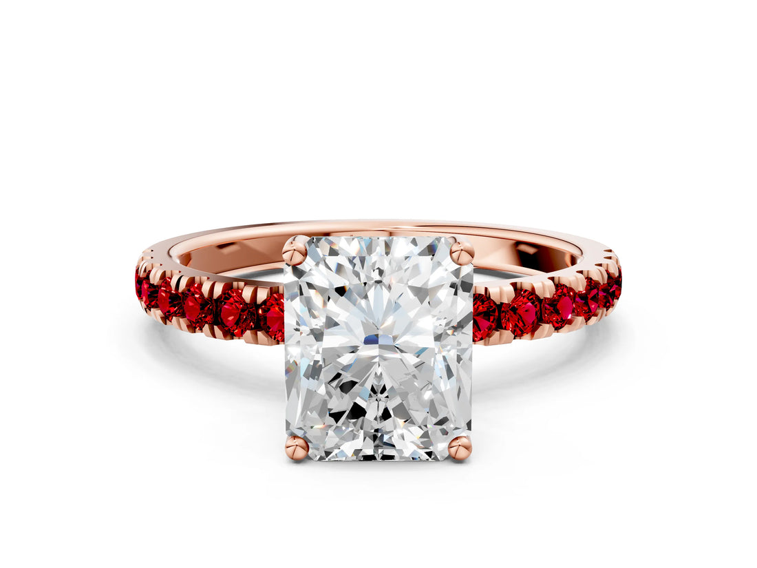 Rose gold Radiant Cut Diamond Pave Band Solitaire Ring with Round with Ruby side stone and Prong Setting_57
