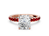 Rose gold Radiant Cut Diamond Pave Band Solitaire Ring with Round with Ruby side stone and Prong Setting_57