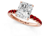 Rose gold Radiant Cut Diamond Pave Band Solitaire Ring with Round with Ruby side stone and Prong Setting_58