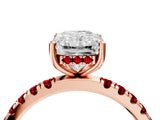 Rose gold Radiant Cut Diamond Pave Band Solitaire Ring with Round with Ruby side stone and Prong Setting_61