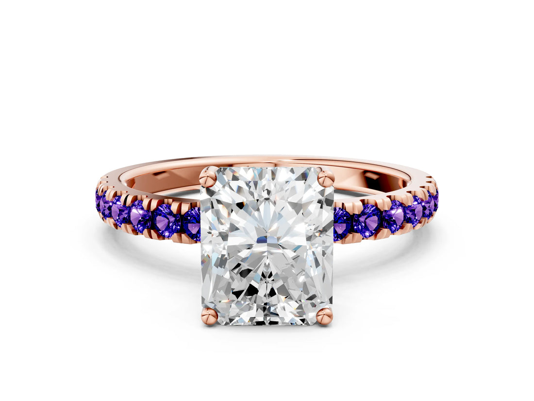 Rose gold Radiant Cut Diamond Pave Band Solitaire Ring with Round with Tanzanite side stone and Prong Setting