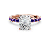 Rose gold Radiant Cut Diamond Pave Band Solitaire Ring with Round with Tanzanite side stone and Prong Setting