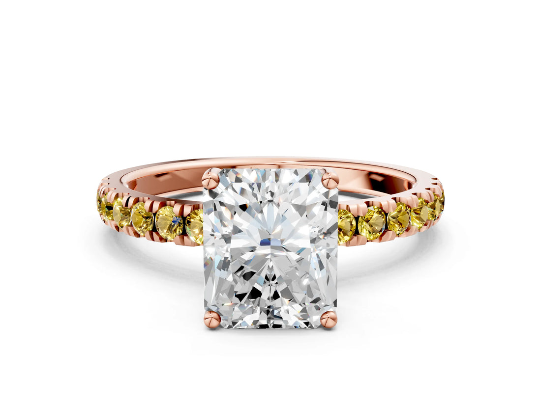 Rose gold Radiant Cut Diamond Pave Band Solitaire Ring with Round with Yellow Sapphire side stone and Prong Setting_12