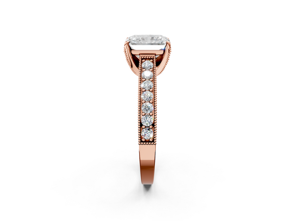 Rose Gold Radiant Cut Vintage Hidden Halo Engagement Ring Setting with Milgrain Triple Row Pave Band