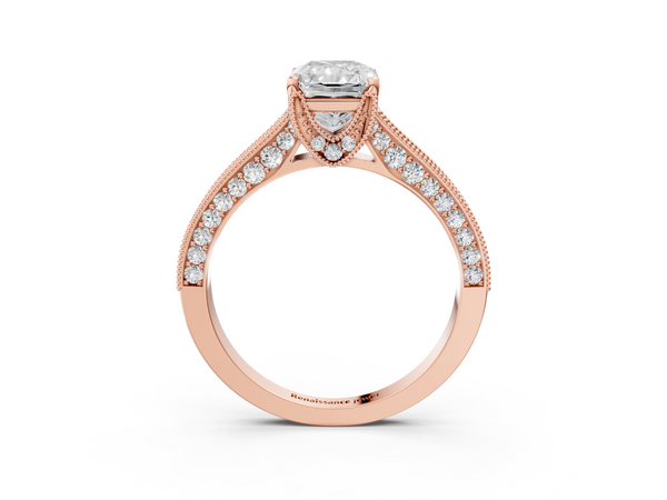 Rose Gold Radiant Cut Vintage Hidden Halo Engagement Ring Setting with Milgrain Triple Row Pave Band