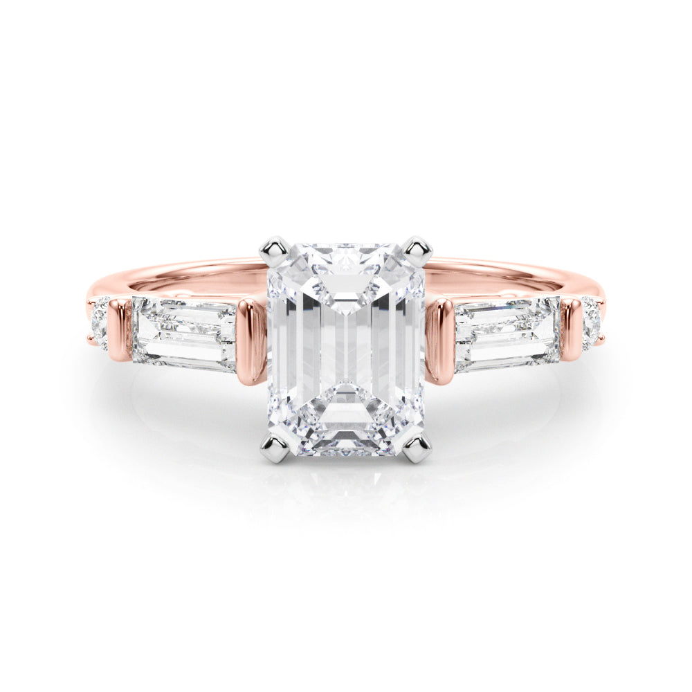 Rose gold Radiant Cut Diamond Ring with Baguette Side Stones, Channel Set Band, and Four-Prong Setting