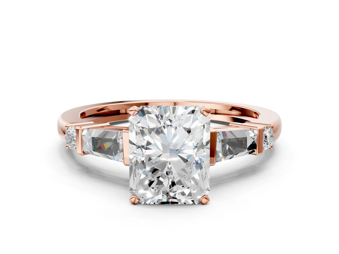 Rose gold Radiant Cut Diamond Ring with Baguette Side Stones, Channel Set Band, and Four-Prong Setting_25