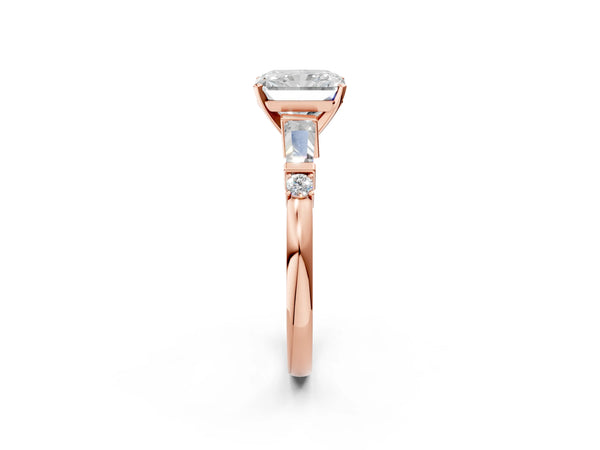 Rose Gold Radiant Cut Three Stone Engagement Ring Setting with Bar Set Tapered Baguettes