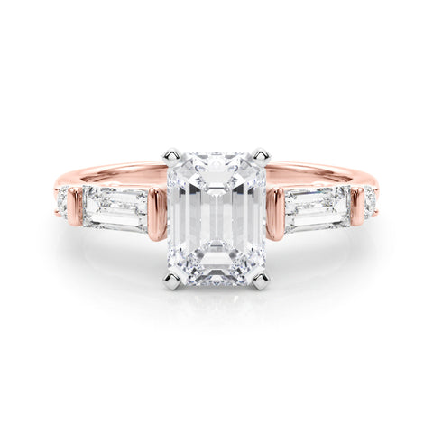 Rose gold Radiant Cut Diamond Ring with Baguette Side Stones, Channel Set Band, and Four-Prong Setting