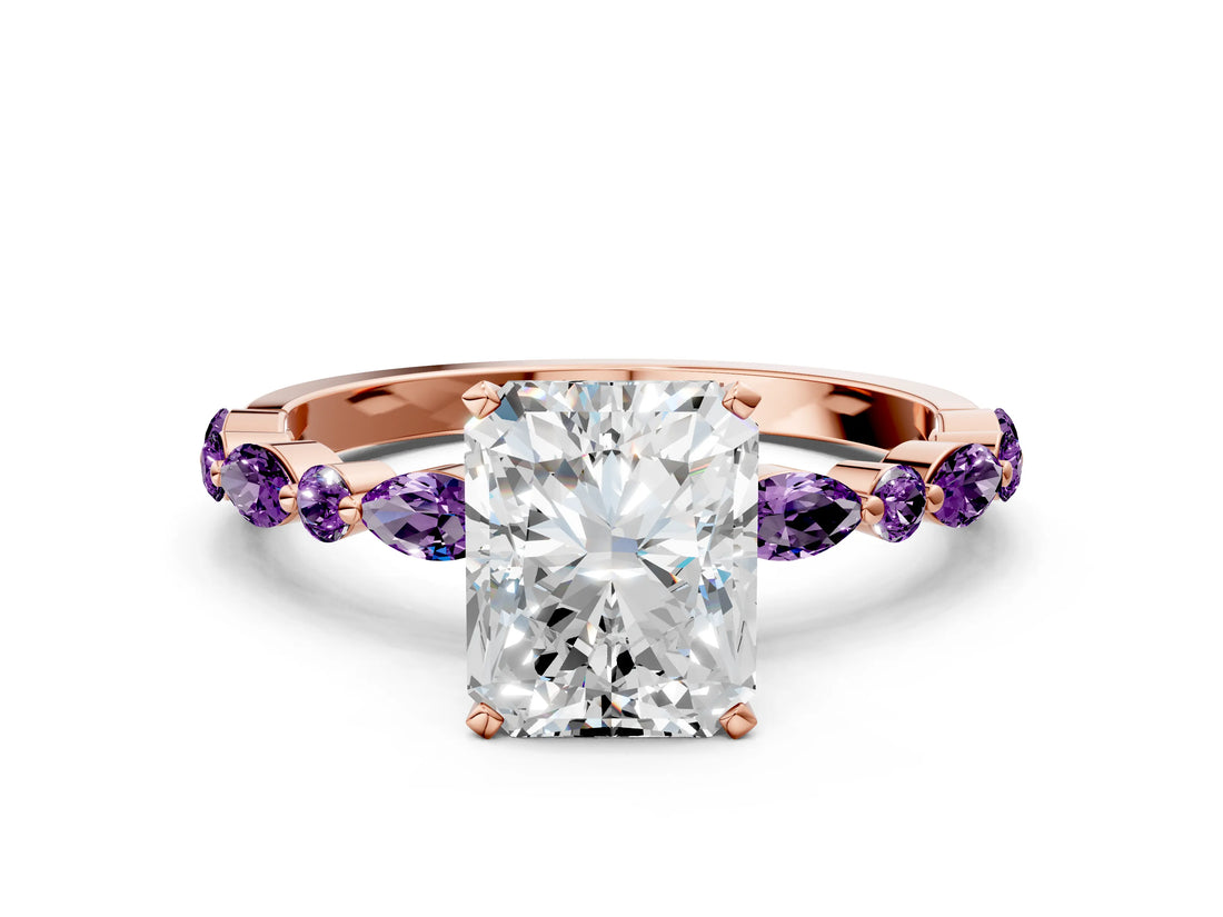 Rose gold Radiant Cut Diamond Ring with Marquise and Round with Amethyst side stone Side Stones and Four-Prong Setting_24