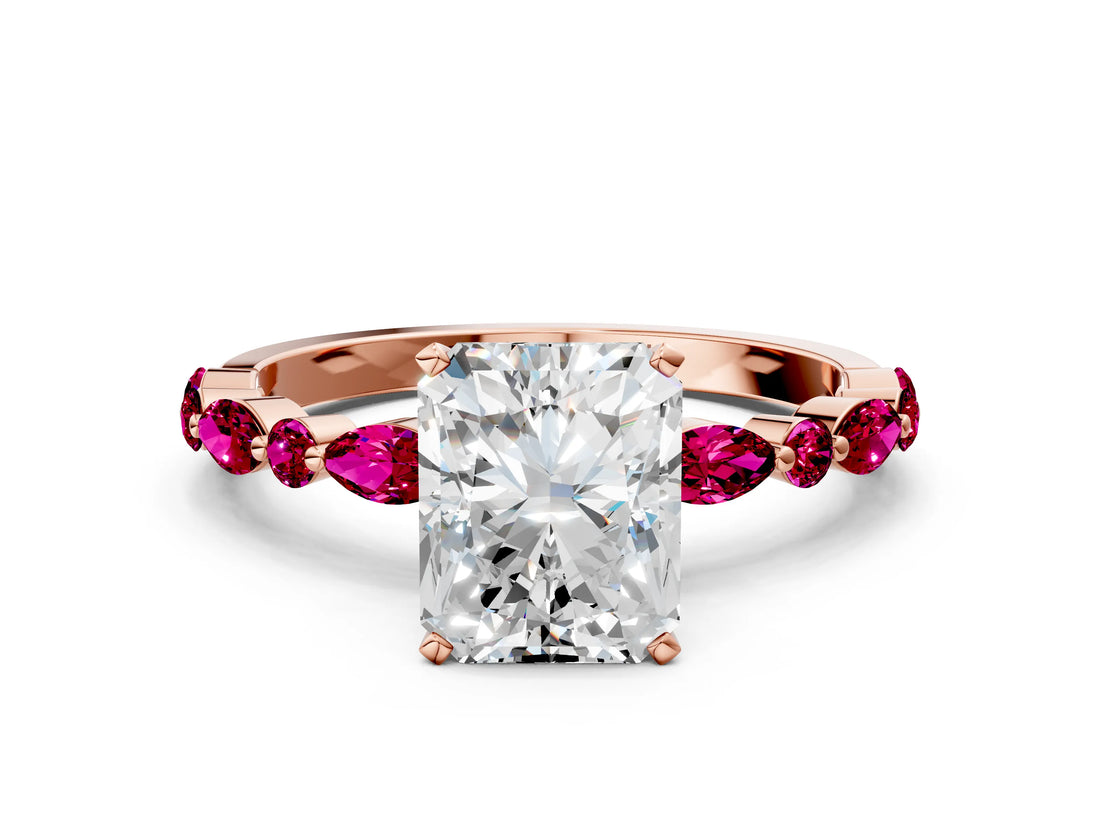 Rose gold Radiant Cut Diamond Ring with Marquise and Round with Garnet side stone Side Stones and Four-Prong Setting_36
