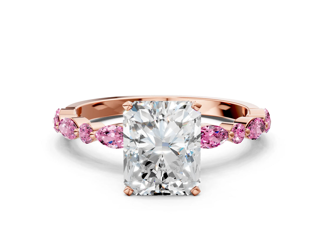 Rose gold Radiant Cut Diamond Ring with Marquise and Round with Pink Sapphire side stone Side Stones and Four-Prong Setting_12