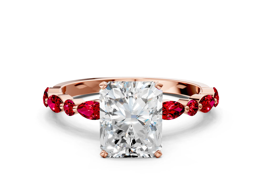 Rose gold Radiant Cut Diamond Ring with Marquise and Round with Ruby side stone Side Stones and Four-Prong Setting_36