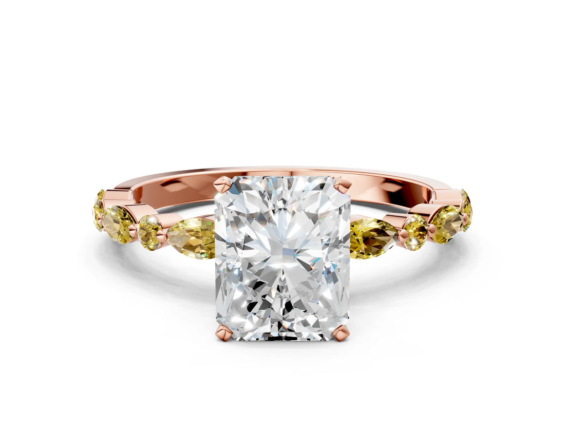 Rose gold Radiant Cut Diamond Ring with Marquise and Round with Yellow Sapphire side stone Side Stones and Four-Prong Setting_24