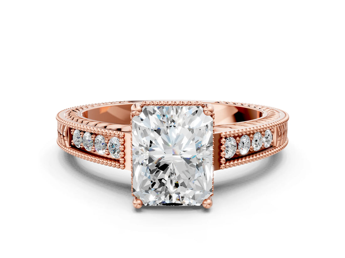 Rose gold Radiant Cut Diamond Ring with Milgrain Pavé Band and Four-Prong Setting_29