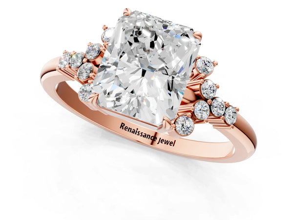 Rose gold Radiant Cut Diamond Ring with Side Stones and Four-Prong Setting
