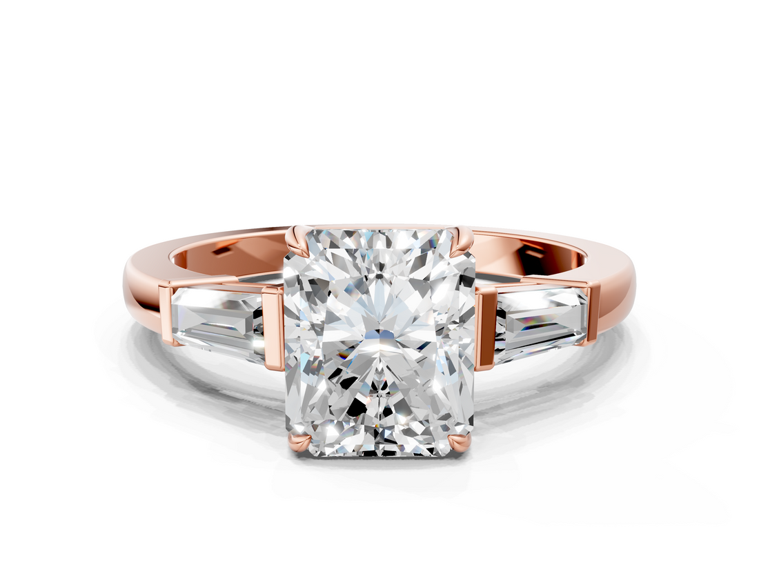Rose gold Radiant Cut Diamond Ring with Tapered Baguette Side Stones in Four-Prong Setting_16