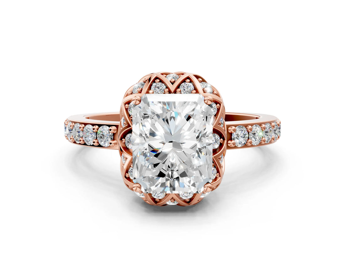 Rose gold Radiant Cut Diamond Scalloped Halo Engagement Ring with Round Shared Prong Band_12