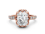 Rose gold Radiant Cut Diamond Scalloped Halo Engagement Ring with Round Shared Prong Band_12