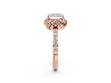 Rose gold Radiant Cut Diamond Scalloped Halo Engagement Ring with Round Shared Prong Band_14