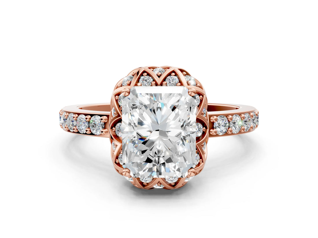 Rose gold Radiant Cut Diamond Scalloped Halo Engagement Ring with Round Shared Prong Band_24