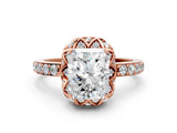Rose gold Radiant Cut Diamond Scalloped Halo Engagement Ring with Round Shared Prong Band_24