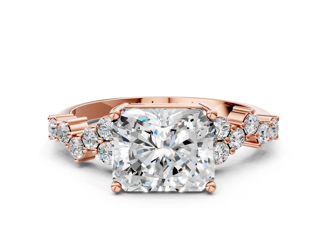 Rose gold Radiant Cut Diamond Scattered Round Accent Ring with Prong Setting_12