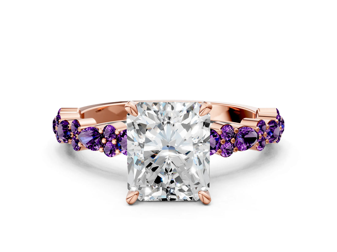 Rose gold Radiant Cut Diamond Side Stone Solitaire Ring with Round with Amethyst side stone and Four-Prong Setting