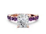 Rose gold Radiant Cut Diamond Side Stone Solitaire Ring with Round with Amethyst side stone and Four-Prong Setting