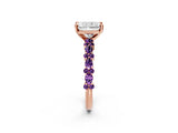 Rose gold Radiant Cut Diamond Side Stone Solitaire Ring with Round with Amethyst side stone and Four-Prong Setting_2