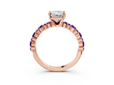 Rose gold Radiant Cut Diamond Side Stone Solitaire Ring with Round with Amethyst side stone and Four-Prong Setting_3