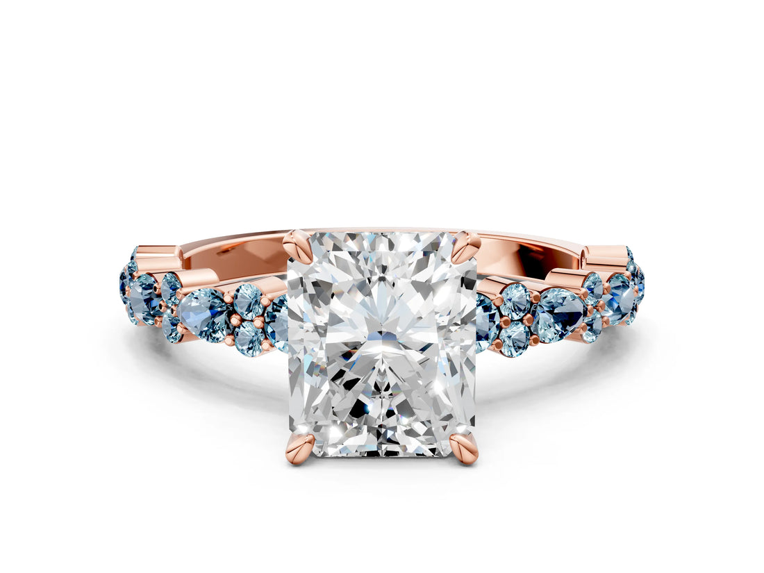 Rose gold Radiant Cut Diamond Side Stone Solitaire Ring with Round with Aquamarine side stone and Four-Prong Setting_19