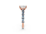 Rose gold Radiant Cut Diamond Side Stone Solitaire Ring with Round with Aquamarine side stone and Four-Prong Setting_21