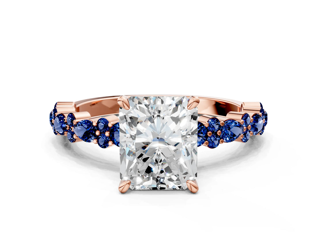 Rose gold Radiant Cut Diamond Side Stone Solitaire Ring with Round with Blue Sapphire side stone and Four-Prong Setting_10
