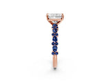 Rose gold Radiant Cut Diamond Side Stone Solitaire Ring with Round with Blue Sapphire side stone and Four-Prong Setting_12