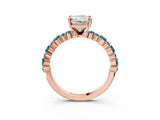 Rose gold Radiant Cut Diamond Side Stone Solitaire Ring with Round with Blue Topaz side stone and Four-Prong Setting_3