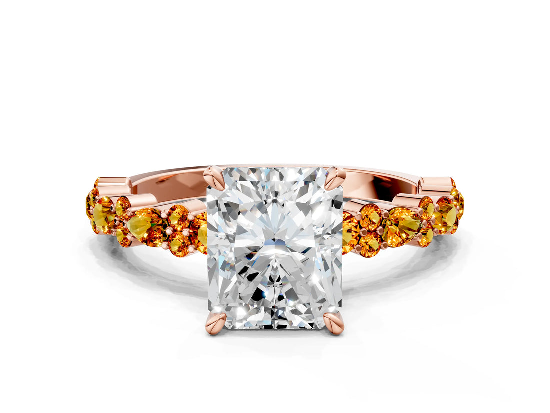 Rose gold Radiant Cut Diamond Side Stone Solitaire Ring with Round with Citrine side stone and Four-Prong Setting