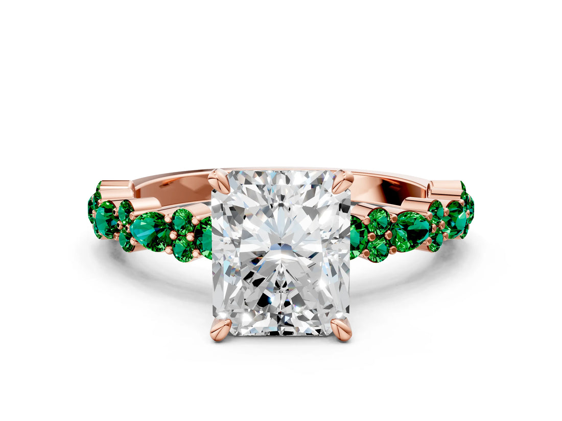 Rose gold Radiant Cut Diamond Side Stone Solitaire Ring with Round with Emerald side stone and Four-Prong Setting_19